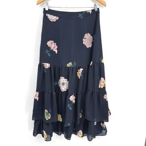 Ann‎ Taylor Loft Floral Tiered Maxi Skirt Zip Dark Blue Size 4 Womens Bohemian
